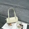 Bolsa Feminina de Couro Genuíno Estilo Coreano Bolsa Cilíndrica Nicho Moderna Couro de Vaca Camada Superior Padrão Craquelê Bolsa de Ombro Bolsa Simples de Axila