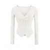 Camiseta Sexy de Manga Larga con Pliegues en el Pecho para Mujer, Nueva de Otoño, Cuello en V Profundo, Cintura Ceñida, Hombro Derecho, Aspecto Adelgazante, Camiseta Interior
