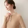 Suéter de Punto Cálido con Botones del Mismo Color, Cuello Redondo, Bloques de Color Estilo Coreano, Manga Larga, Abertura en el Dobladillo, para Mujer, Cachemira