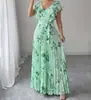 Vestido Largo Estampado Floral de Verano 2026 con Mangas Volantes y Cuello en V Estilo Europeo y Americano Elegante Romántico Vestido Plisado
