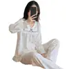 Pijama de otoño nuevo transfronterizo, jersey de doble largo con escote en V de encaje, estilo dulce de princesa para casa, tejido elástico, imitación de algodón