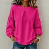 Camisa top de gofre liso para mujer TK, estilo transfronterizo europeo y americano, mangas de farol, cuello redondo, simple, manga larga de Amazon