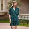 [Raposa Verde] Pijama Feminino Verão Seda Gelada Manga Curta Shorts Listras Verdes Estampa de Raposa Pequena Roupa de Casa para Casal