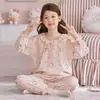 Pijama de Algodón Nube para Niñas, Primavera, Verano, Otoño 2026, Tallas Pequeña, Mediana y Grande, Cuello Redondo, Manga Larga, Conjunto de Ropa de Casa con Dibujos Animados para Usar al Aire Libre