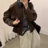 Chaqueta corta de gamuza con bloques de color y patchwork dulce estilo francés, con cuello camisero para mujer, estilo otoño, talla petite, chaqueta con cintura de cordón