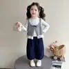 Conjunto de 3 Peças de Tricô com Renda Estilo Coreano para Meninas Primavera Outono 2026 Nova Moda Infantil Conjunto Estiloso para Menininha