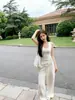 Calça Casual SUNONEON Solta Relaxada de Perna Larga Plissada Reta para Mulheres, Calça Longa de Verão Fina com Cordão