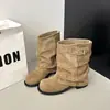 Tide 2026 Botas Curtas Botas de Cano Curto Emagrecimento Pequeno Moda Europeia Americana Salto Bloco Botas com Fivela Femininas Salto Empilhado Rebite Novo Franzido