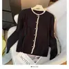 Moda Nova Primavera e Outono Versátil Gola Redonda Botão de Pérola Manga Longa Cardigan de Tricô Suéter Slim Fit Top de Nicho