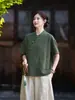 26 Verão Novo Retrô Gola Assimétrica Botão de Sapo Algodão Linho Blusa Feminina Novo Estilo Chinês Estilo Nacional Roupas Zen para Chá Manga Curta Camisa