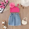 Roupas infantis europeias e americanas para meninas Tntl de flor tridimensional no ombro Shorts jeans estilo western de verão infantil novo de verão 2025