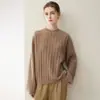 Suéter de tricô trançado 100% caxemira estilo preguiçoso outono e inverno para mulheres, gola redonda, pulôver, camada base solta de manga longa