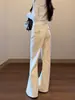Jeans Acampanados Blanco Albaricoque para Mujer, Talla Grande de Verano, Estilo Nuevo, No Ajustados, Versátiles, Adelgazantes, Pantalones Acampanados de Largo Completo