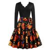 D Halloween novas mulheres transfronteiriças Europa e Estados Unidos retro feminino queimando flor colarinho manga longa preto feitiço impressão vestido