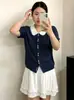 Ropa para mujer de talla grande, top juvenil de color block con cuello de muñeca, cárdigan para mujer, camiseta de manga corta, camisa de punto de talla grande para verano 2026