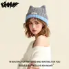 Chapéu de tricô patchwork com orelhas de gato fofas estilo coreano KimMumy para mulheres, espessado para aquecimento de inverno, versátil e adequado para tamanhos de cabeça maiores