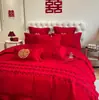 Juego de Cuatro Piezas Rojo Brillante de Alta Calidad para Boda Bordado de Dragón y Fénix Chino Funda Nórdica Sábana Nueva Casa Colcha Alegre Ropa de Cama para Boda
