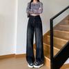 Jeans negros y grises de pierna ancha para mujer otoño e invierno forrados de vellón pera cintura alta holgados talla grande adelgazantes pantalones rectos para mujer