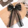 Grampo de Cabelo Fashionável Estilo Coreano com Laço de Tela de Organza, Fita Longa, Acessórios de Cristal, Grampo Superior, Joia para Cabeça