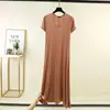 Vestido Modal com Decote V de Manga Curta para Mulheres, Novo Estilo Primavera e Verão, Tamanho Grande, Vestido Simples para Casa, Longo Versátil Fino Casual