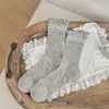 Calcetines finos de primavera-verano para mujer con bordes de volantes, estilo japonés, diseño de lazo calado, longitud a media pantorrilla, color liso, versátiles, calcetines sin costuras