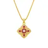 Colar pingente de trevo de quatro folhas esculpido vermelho sangue de pombo banhado a ouro vietnamita, corrente de clavícula vintage para mulheres de luxo leve cravejada com diamantes e rubi