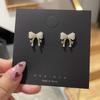 Pendientes de botón estilo coreano Dongdaemun con lazo de perla pequeña y adorable lazo de circonita con microincrustaciones, aguja de plata S925