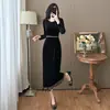 Outono e Inverno Veludo Plus Size Franja Costura Pesada Bordado Elegante Slim Vestido de Veludo Tecido de Malha Preto