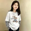 Camiseta de manga larga para niña, algodón puro, estilo primavera y otoño, versión coreana, holgada, sencilla, casual, cuello redondo, camiseta básica para niños, imitación de dos piezas