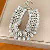 Pulseira de Rede Azul Dourada com Flor de Vidro Pérola Zircônia Brilhante Pulseira Elegante de Luxo Leve Joia de Mão Versátil da Moda