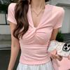 Nuevo Estilo de Primavera de Amazon Estilo Puro Deseo Ajustado Diseño de Cuello en V Top de Manga Corta Fruncido Pg9508