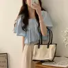 Camisa corta chic coreana elástica fruncida de cuello cuadrado, corte holgado, con mangas de campana grandes