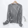 Top Versátil de Manga Larga para Mujer de Tencel, Color Sólido, Nuevo Cárdigan de Punto de Lino Primavera/Verano con Cuello de Canalé, Corte Holgado