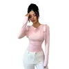 Camiseta Feminina Estilo Coreano Primavera e Outono Nova Moda Gola Caída Slim Fit Cor Sólida Versátil Manga Longa Camisa Básica