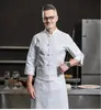 Uniforme de chef de alta qualidade estilo chinês com bolsos, adequado para outono e inverno, para uso em restaurantes chineses, padarias, hotéis e estabelecimentos de catering; apresenta um design de manga três quartos