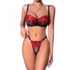 Solo Hecho a Medida - Conjunto de Lencería Bordado Floral Estilo Francés Ultra Fino Push-Up Tangas Transparentes para Mujer