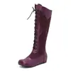 Botas de Caballero Estilo Retro Británico con Punta Redonda y Tacón Alto de Altura Interior para Mujer, Botas Altas hasta la Rodilla con Cordones Frontales y Empalme Botas de Caballero