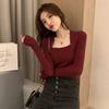 Hilo de núcleo/camisa básica de moda otoño e invierno ropa de mujer cuello U sexy estilo occidental todo partido color liso tejido una pieza entrega comercio exterior