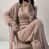Chaleco de Punto con Cuello en V + Pantalones de Pierna Ancha + Chaqueta Larga de Punto Cardigan Traje de Tres Piezas