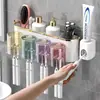 Portacepillos de dientes de pared para baño sin taladro Estante de almacenamiento de pasta de dientes y cepillos de dientes Set de vaso para cepillo de dientes y vaso para enjuague bucal transparente