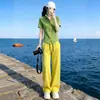Conjunto de Mujer Super Elegante Estilo Europeo 2026 Verano Top Verde Fresco de Manga Corta y Pantalones Anchos Amarillos Conjunto de Dos Piezas de Moda