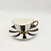 Juego de Taza y Platillo para Café Estilo Retro Blanco y Negro Rayado Estilo Europeo con Borde Dorado para Hogar y Oficina Taza para Desayuno Leche Taza de Café