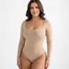 Ventas Directas de Fábrica Bodysuit Ajustado de Manga Larga con Cuello Cuadrado Moldeador de una Pieza Camiseta Sexy para Chica Caliente