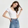 Camiseta Feminina de Verão Slim Fit de Manga Curta, Algodão Puro, Gola U Grande, Estilo Europeu e Americano, Fashion, Ajustada ao Corpo, Top Estiloso para Meninas Descoladas