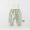 Calça longa de algodão puro para bebê, cintura alta, protege a barriga, adequada para bebês e crianças pequenas, calça longa de base para outono, calça de cintura alta grau A para bebês e crianças pequenas