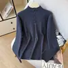 Suéter de tricô de veludo Andy para outono e inverno para mulheres, top com gola semi-alta e botões torcidos, camisa básica de manga longa com etiqueta de renda para mulheres