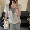 Camiseta Falsa de Dos Piezas de Manga Corta para Mujer 2026 Verano Nuevo Estilo Calado Tejido de Punto Patchwork Asimétrica Camiseta Top Corto