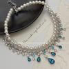 Colar de pérolas com gota d'água de zircônia azul, design de nicho, colar de alto sentido, todos os brincos de corrente de clavícula para namorada