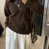 Suéter de Punto Grueso Lavado de Hilo Peinado Básico Color Café para Mujer, Estilo Perezoso, Corte Holgado, Adelgazante, Ropa de Punto Vintage, Venta al por mayor Transfronteriza Otoño e Invierno