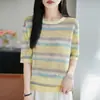 Design de Nicho Pérola Cânhamo Gola Redonda Listrado Color Block Manga Curta Textura 3D Bloqueio de Cores Irregular Versátil para Primavera e Verão
